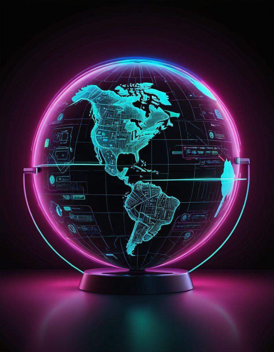 A high-tech workstation with multiple layers of shields and digital locks surrounding a glowing globe, representing global online security. Sprinkle icons of tools like antivirus software, VPNs, and firewalls throughout the scene, each connected by a web of secure lines. The background should be dark with neon highlights to emphasize the importance of cybersecurity. super-realistic. vibrant colors. high contrast.