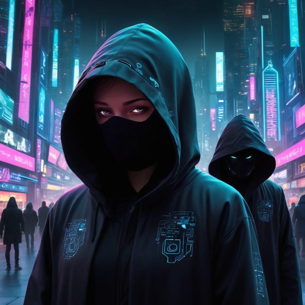 A futuristic cityscape where people use computers and devices shielded by digital shields, symbolized by locks and encryption symbols. The atmosphere should convey a sense of security and anonymity, with individuals hidden under hooded cloaks or faceless avatars interacting in a secure network. Cyber elements like glowing lines and dark color palette to emphasize secrecy. super-realistic. vibrant colors. cyberpunk.