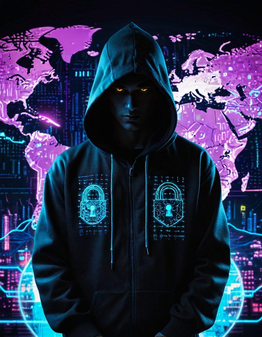 A shadowy figure wearing a hacker hoodie, surfing on a futuristic, glowing neon wave made of code. The background should show a world map made up of binary numbers, with padlocks and shields floating around to symbolize security and anonymity. The overall atmosphere should feel mysterious and technologically advanced. cyberpunk style. vibrant colors. high contrast.